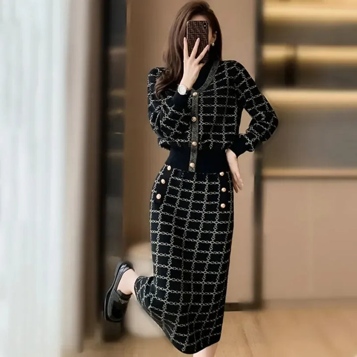 Elegant Half Turtleneck Plaid Sweaters Tops+slim High Waist Knitwear