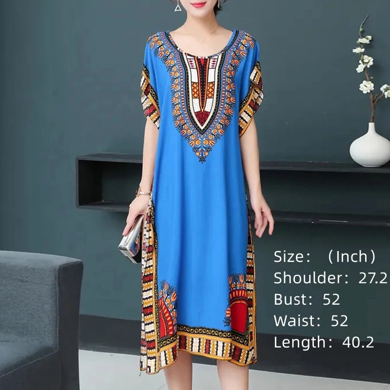 Casual Elegant Ethnic Style Retro Floral Round Neck Slit Straight Dress Summer Women's dress Midi dresses holiday dresses 2024