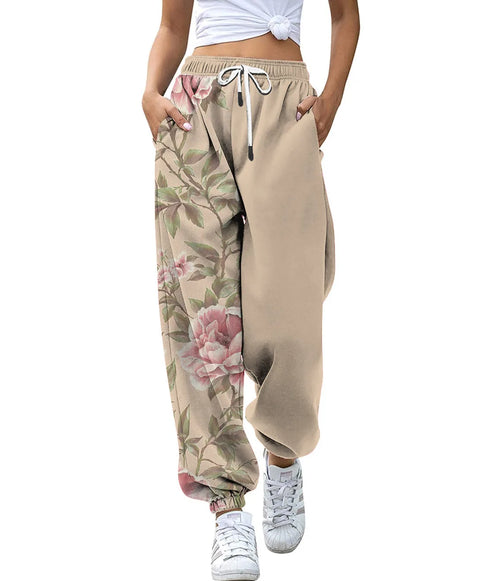 Women's High Waist Drawstring Digital Printed Cargo Pants Fashion