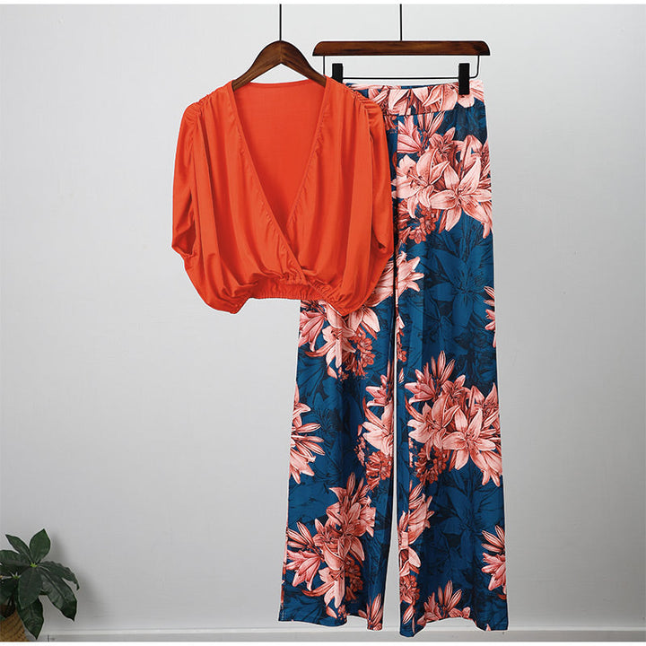 V-neck Bat Sleeve Top Printed Wide-leg Pants Suit