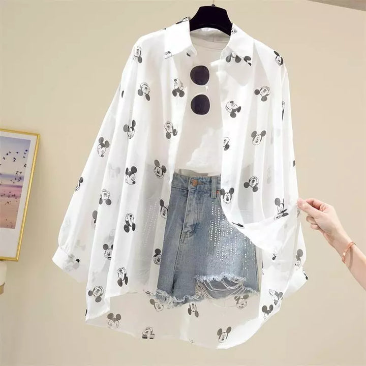 Mickey Mouse Blouse Ladies Long Sleeve Women Shirt Beach Shirts Kawaii