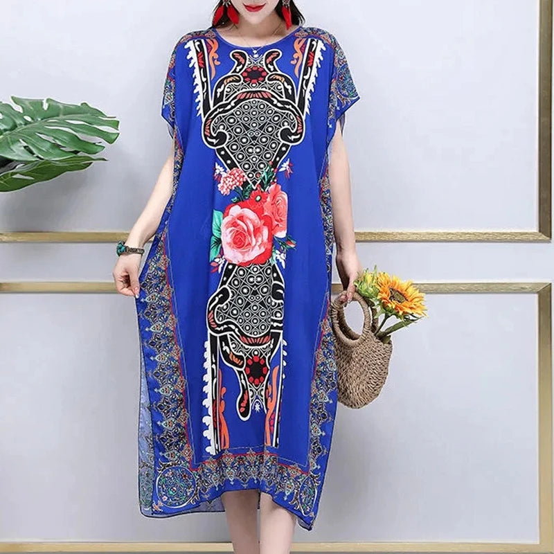 Casual Elegant Ethnic Style Retro Floral Round Neck Slit Straight Dress Summer Women's dress Midi dresses holiday dresses 2024