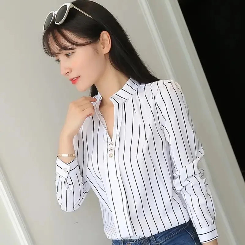 Women White Tops Blouses Fashion Stripe Print Casual Long Sleeve