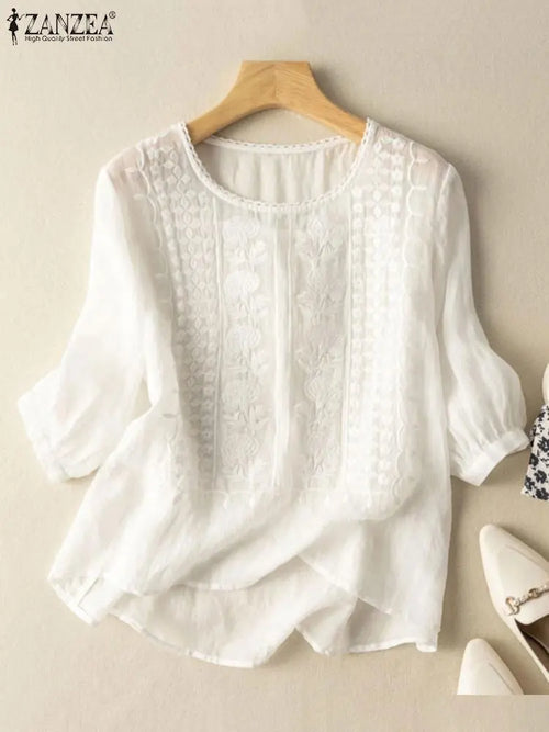 Vintage Shirts ZANZEA Summer Lace Crochet Blouse Women 3/4 O Neck