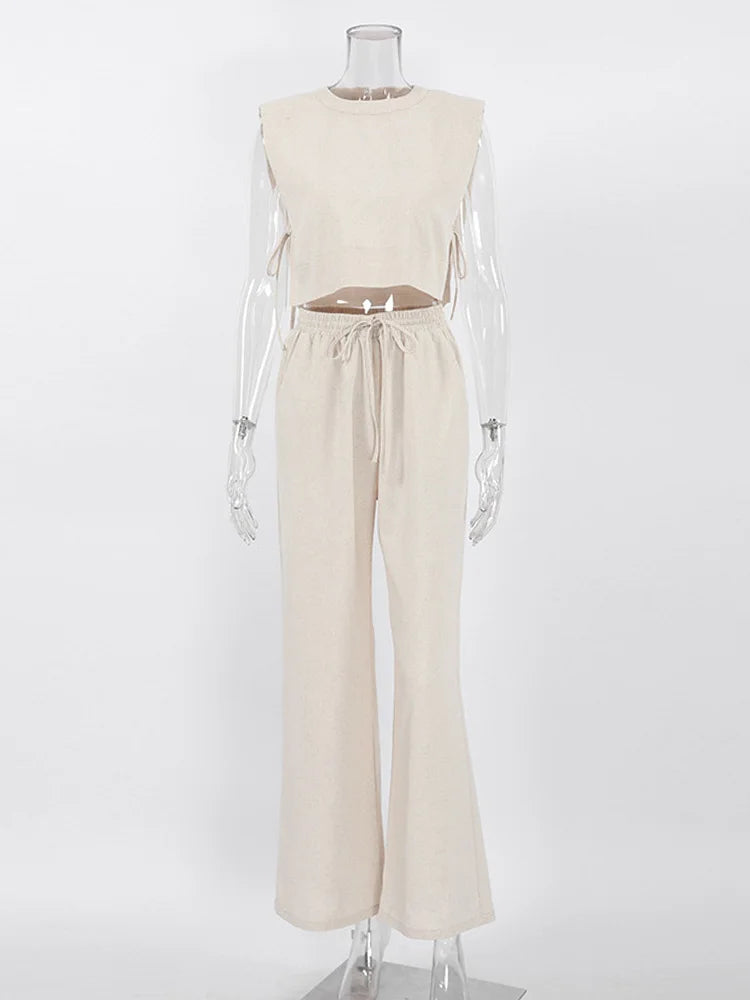 Spring Summer 2023 Women Holiday Linen Pant Set Crop Tops Solid