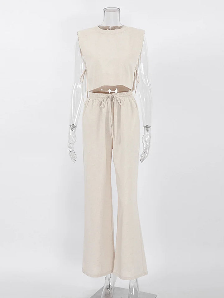 Spring Summer 2023 Women Holiday Linen Pant Set Crop Tops Solid