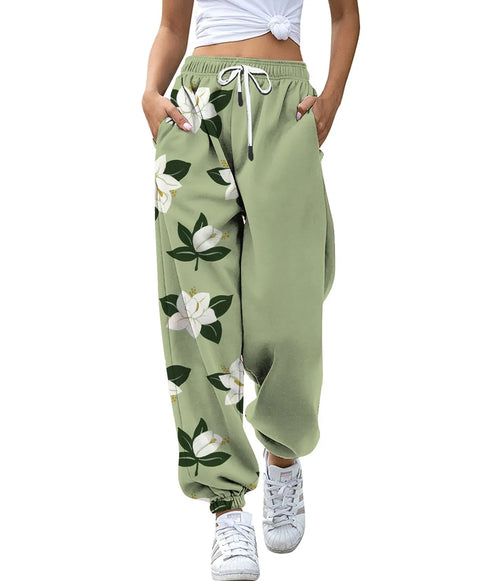 Women's High Waist Drawstring Digital Printed Cargo Pants Fashion