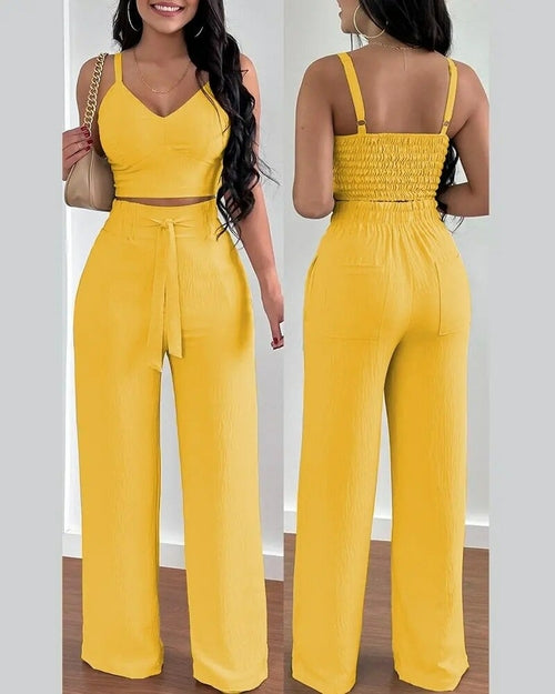 Print Floral Suspender Vest High waist Elastic Wide Leg Pants Two
