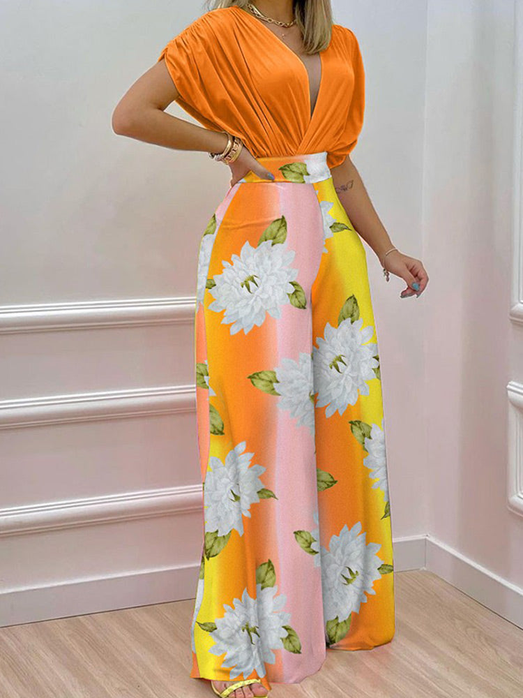 V-neck Bat Sleeve Top Printed Wide-leg Pants Suit