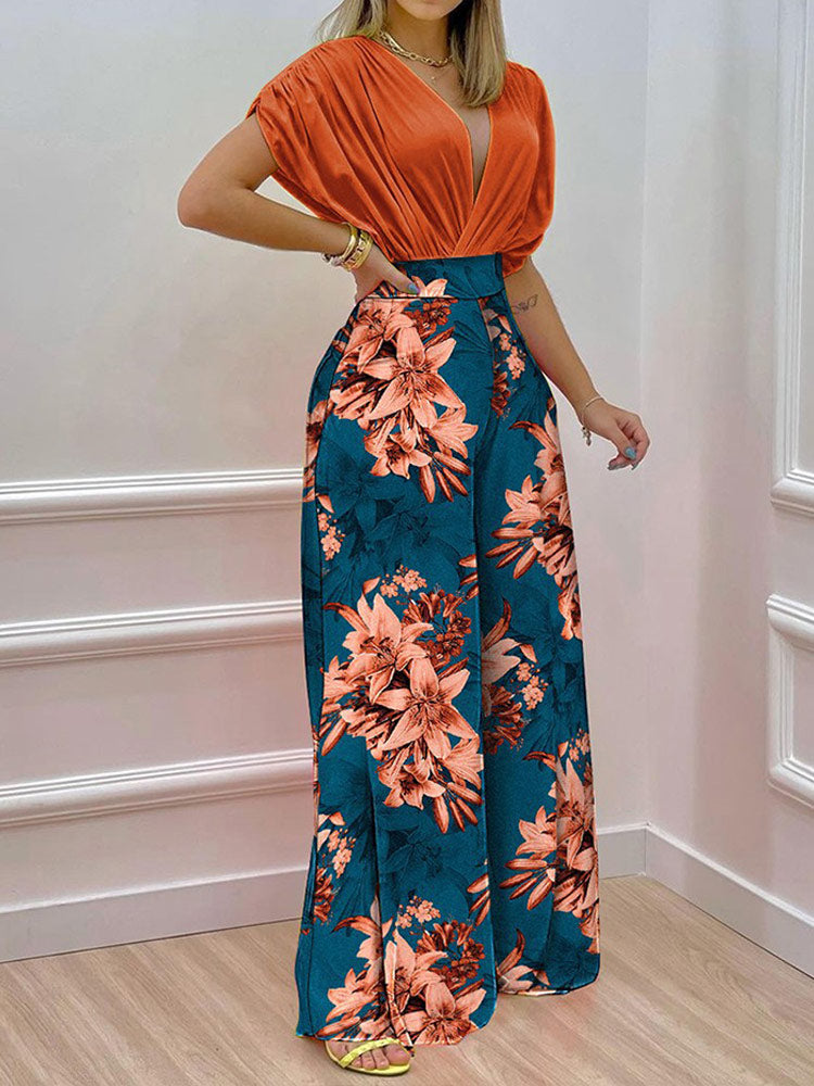 V-neck Bat Sleeve Top Printed Wide-leg Pants Suit