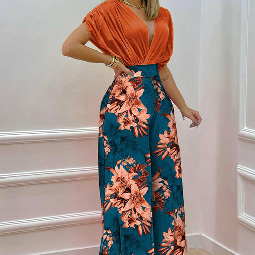 V-neck Bat Sleeve Top Printed Wide-leg Pants Suit