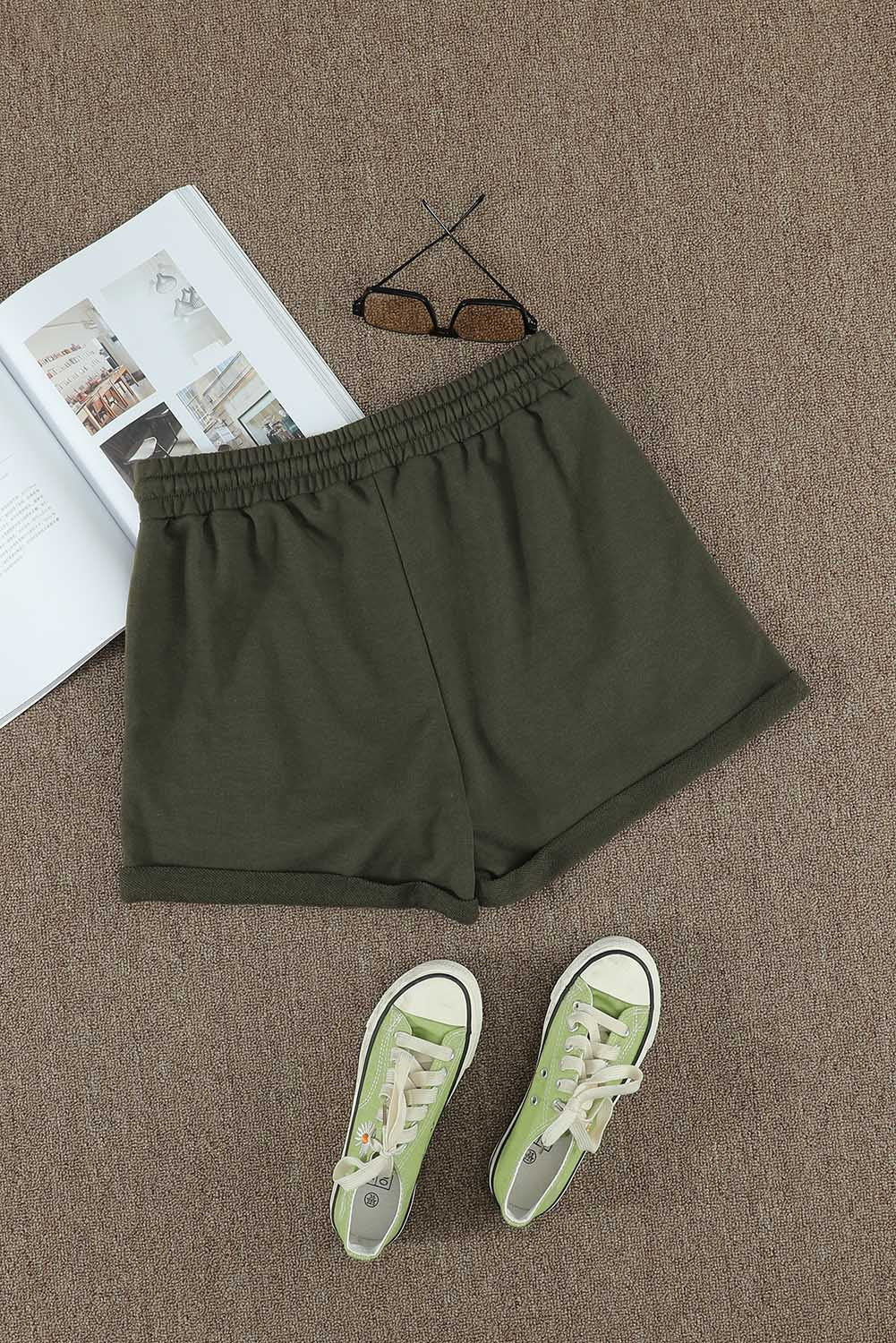 Summer Women Green Tie Waist Side Pockets Cuffed Lounge Shorts