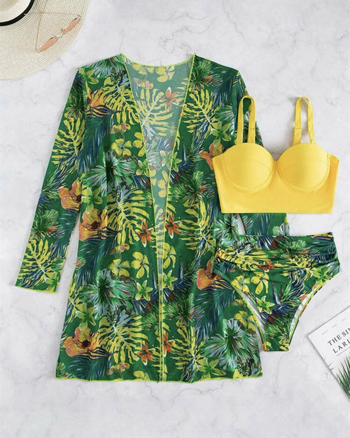 Tropical Print High Waist Push Up Swimsut Three-Pieces