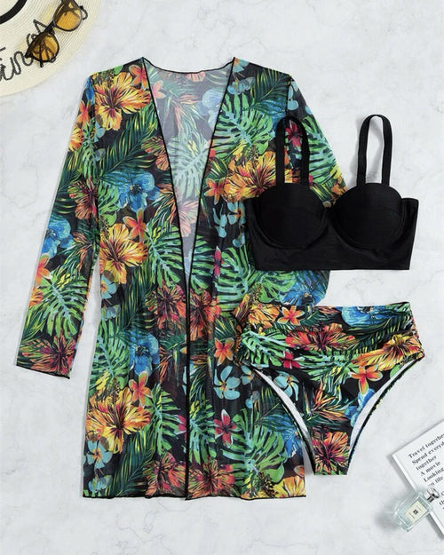 Tropical Print High Waist Push Up Swimsut Three-Pieces