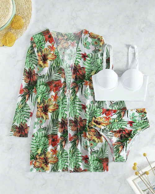 Tropical Print High Waist Push Up Swimsut Three-Pieces