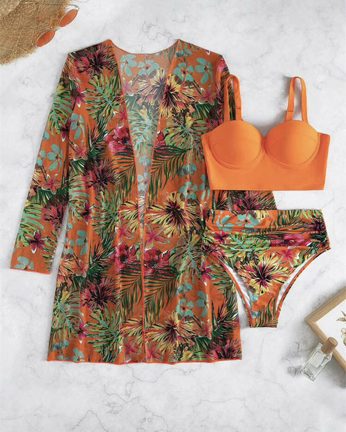 Tropical Print High Waist Push Up Swimsut Three-Pieces