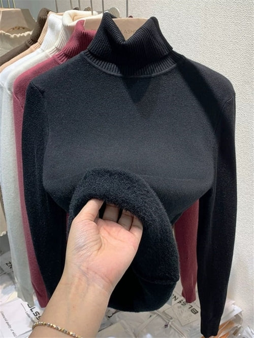 Turtleneck Winter Sweater Women Elegant Thicken Velvet Lined Warm