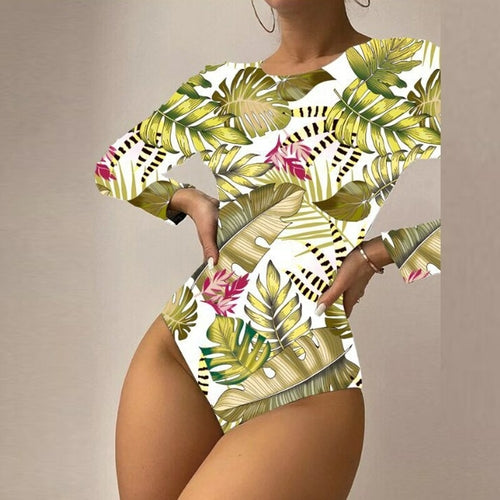 Leaf Print Cross Backless One Piece Swimsuit