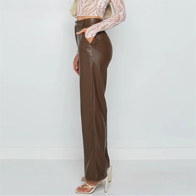 High Waist Brown Faux Leather Pants Streetwear