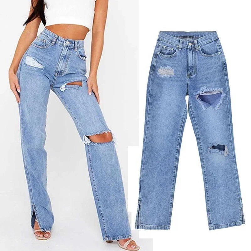 Women Sexy Ripped Denim Jeans Hipster Straight Split High Waist Loose