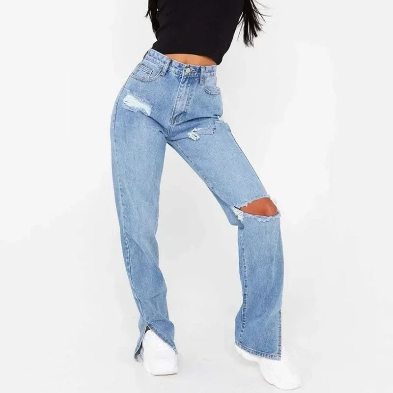 Women Sexy Ripped Denim Jeans Hipster Straight Split High Waist Loose