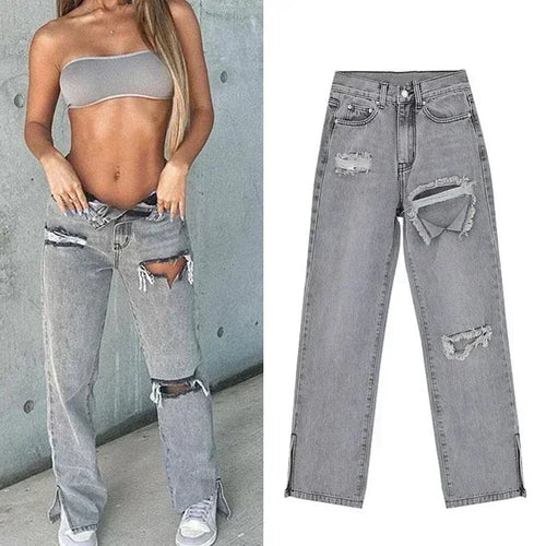 Women Sexy Ripped Denim Jeans Hipster Straight Split High Waist Loose