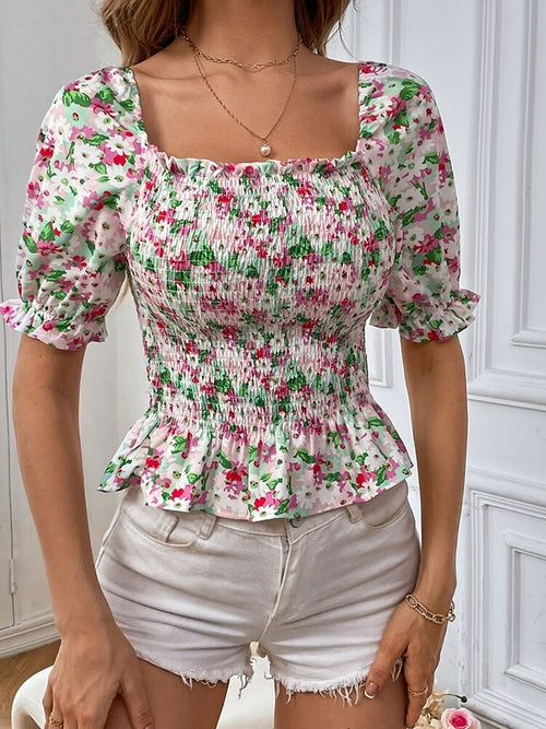 Square Neck Gathered Short Sleeve Floral Short Shirts