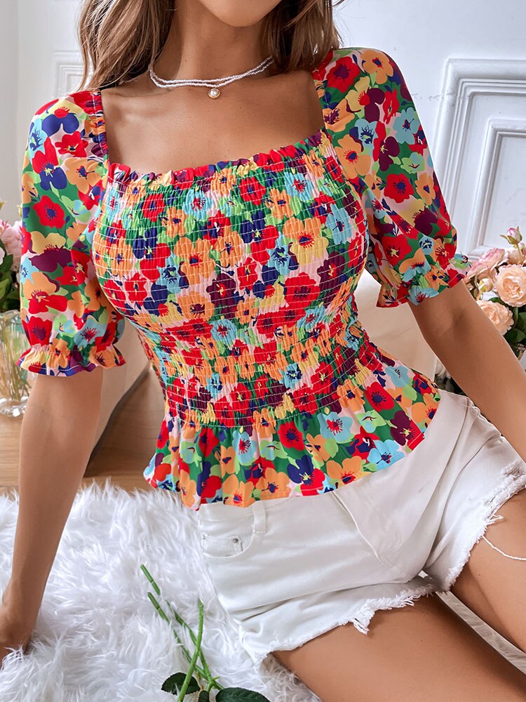 Square Neck Gathered Short Sleeve Floral Short Shirts