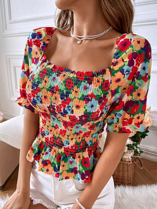 Square Neck Gathered Short Sleeve Floral Short Shirts