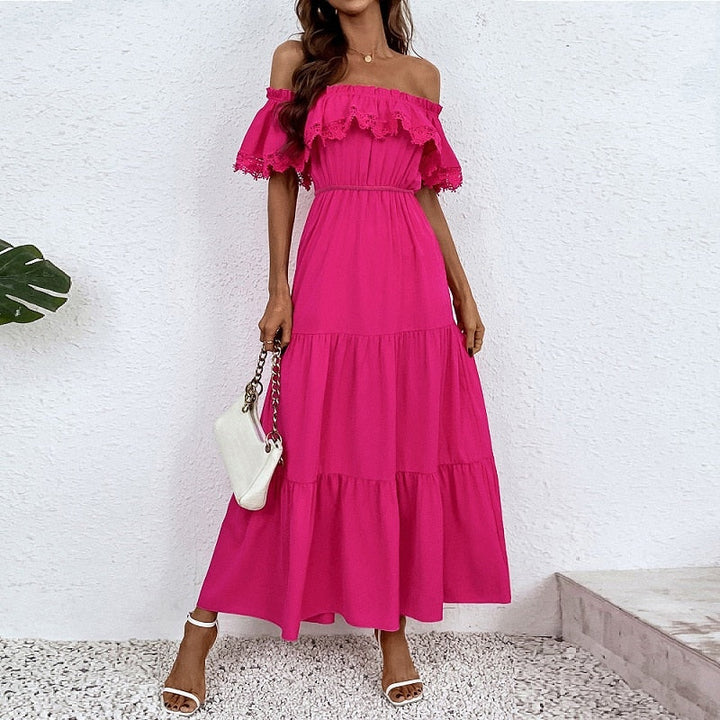 Solid Color High Waist Sexy Lace Slash Neck A-line Maxi Dress