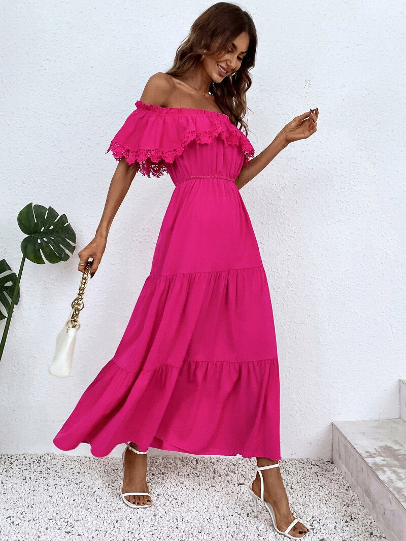 Solid Color High Waist Sexy Lace Slash Neck A-line Maxi Dress
