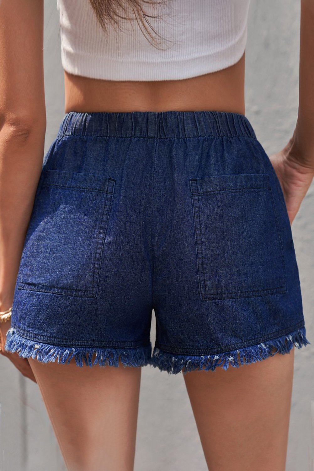 Women's Casual Dark Blue Pocketed Frayed Thick Thighs Denim Shorts