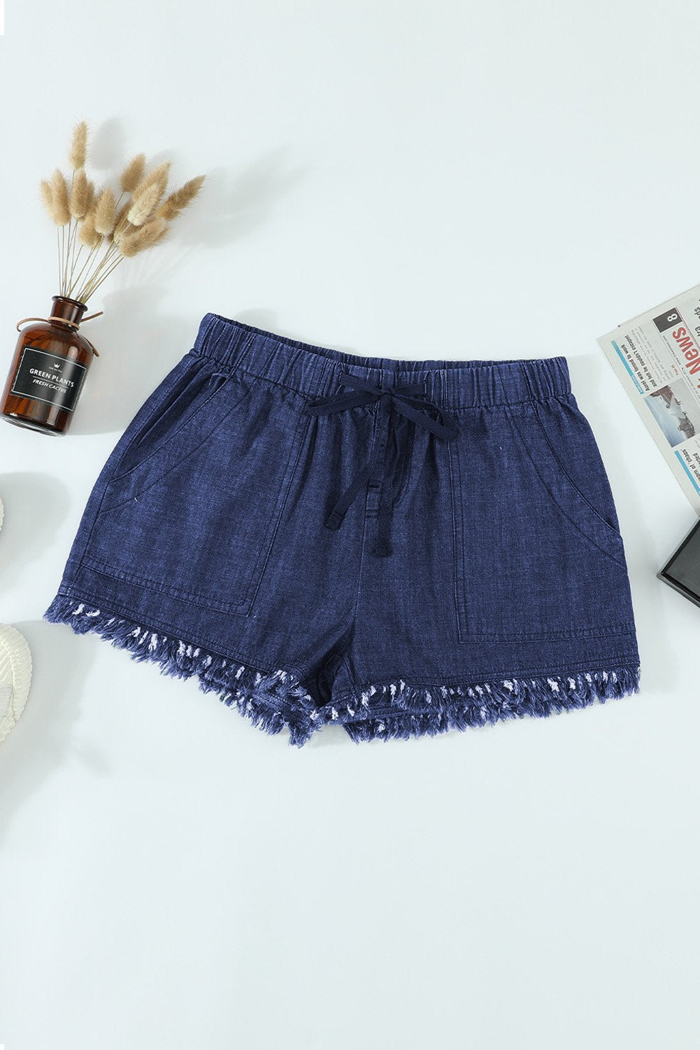 Women's Casual Dark Blue Pocketed Frayed Thick Thighs Denim Shorts