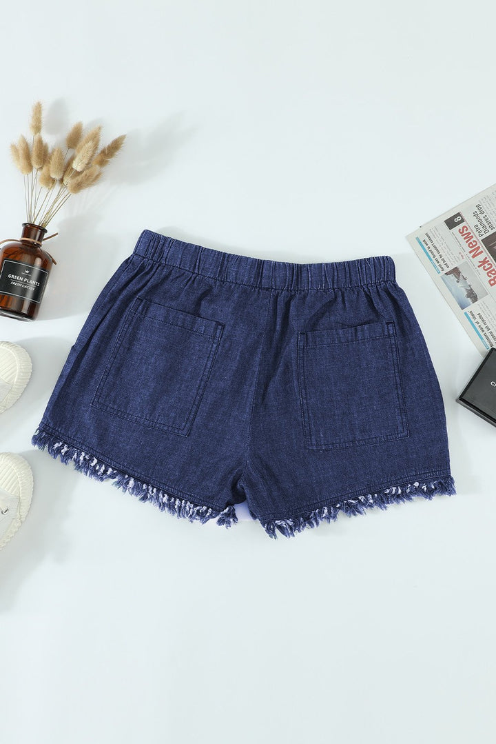 Women's Casual Dark Blue Pocketed Frayed Thick Thighs Denim Shorts