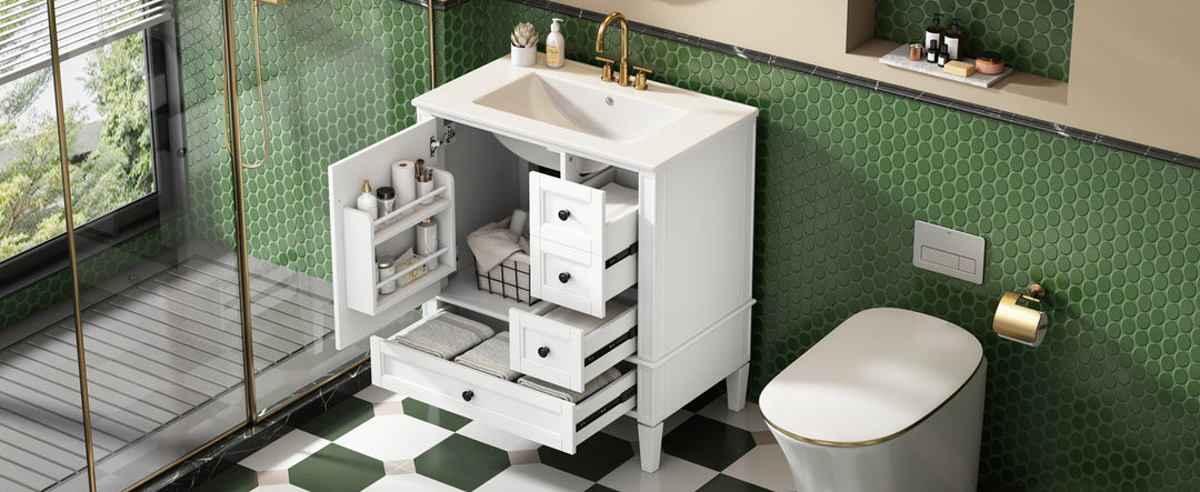 30 Inch Bathroom Vanity with Ceramic Sink, White Bathroom with 3