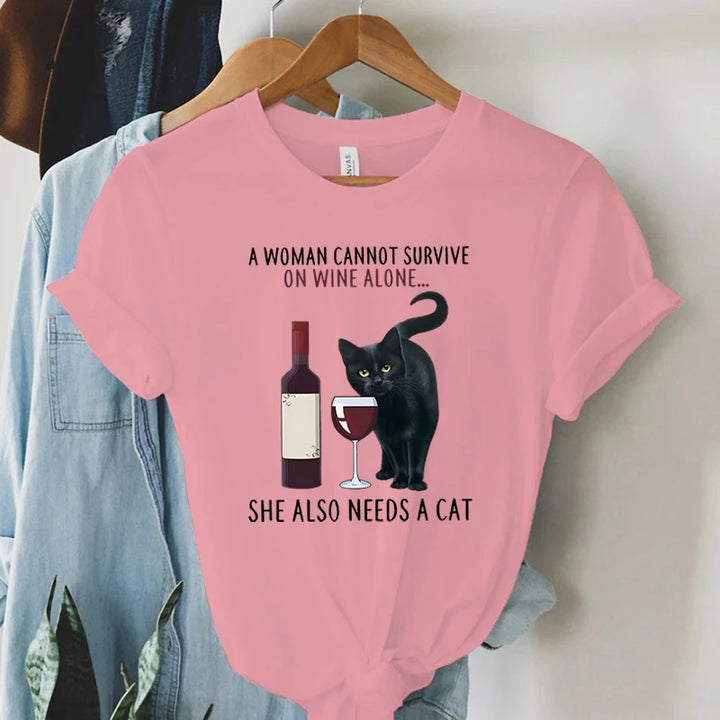 Trend Women Fashion Clothing Cat&wine Graphic T-shirts Clothes Black Cat Print Female Shirt Short Sleeve Lady Casual Tee Tops