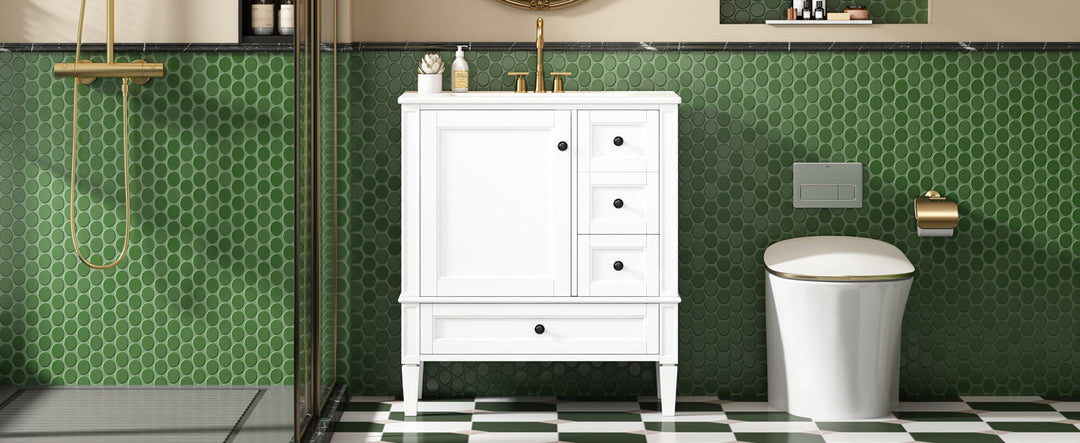 30 Inch Bathroom Vanity with Ceramic Sink, White Bathroom with 3