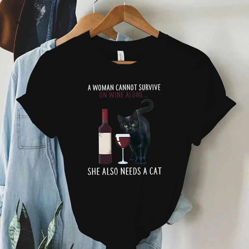 Trend Women Fashion Clothing Cat&wine Graphic T-shirts Clothes Black Cat Print Female Shirt Short Sleeve Lady Casual Tee Tops