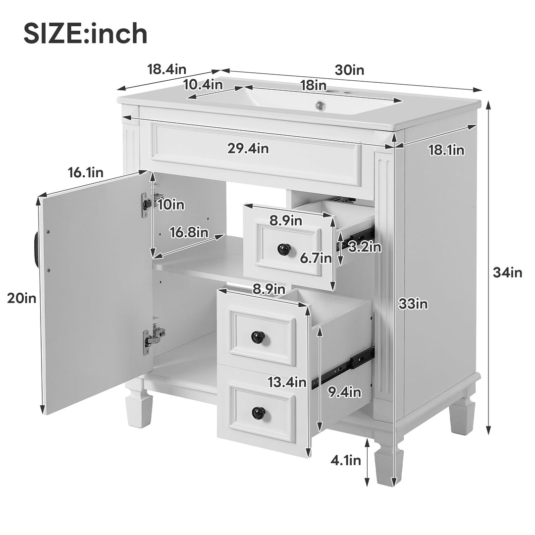 30' Bathroom Vanity with Ceramic Sink, Small Bathroom Sink Cabinet,