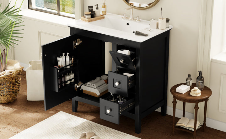 30 Inch Bathroom Vanity with Ceramic Sink, Black Bathroom with 3