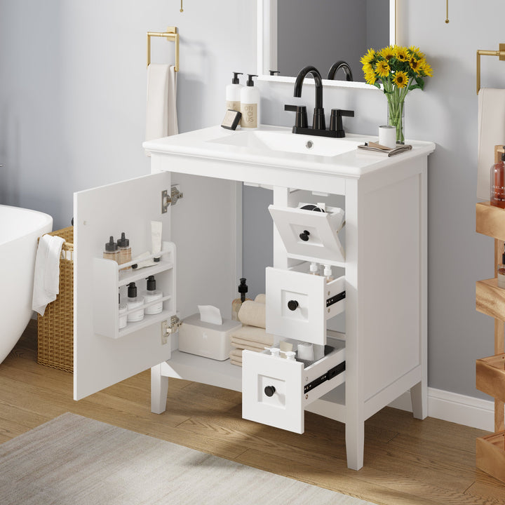 30 Inch Bathroom Vanity with Ceramic Sink, White Bathroom with 3