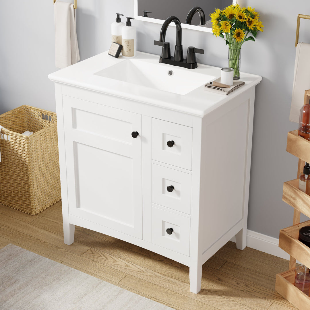 30 Inch Bathroom Vanity with Ceramic Sink, White Bathroom with 3