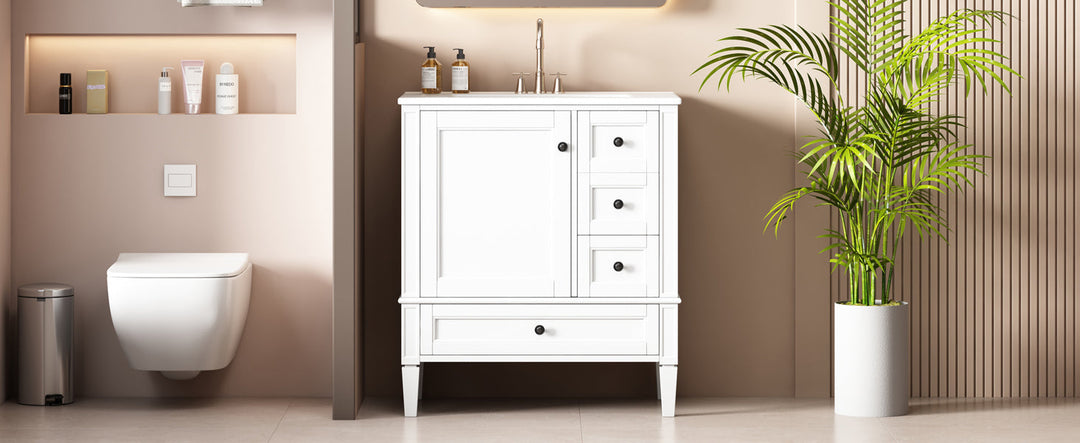 30 Inch Bathroom Vanity with Ceramic Sink, White Bathroom with 3