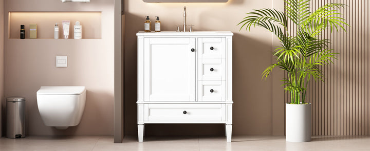 30 Inch Bathroom Vanity with Ceramic Sink, White Bathroom with 3