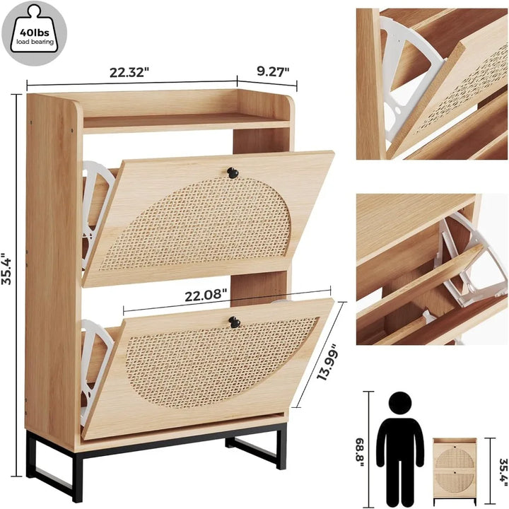 Shoe Cabinet with 2 Handmade Natural Rattan Flip Drawers, Entryway Shoe Rack Storage Organizer , Free Standing Shoe Racks