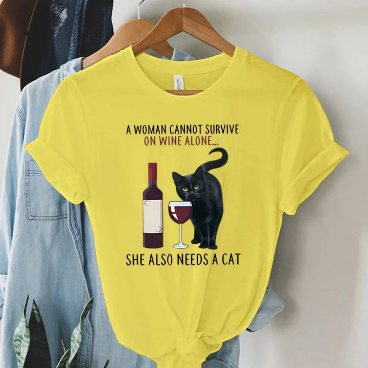 Trend Women Fashion Clothing Cat&wine Graphic T-shirts Clothes Black Cat Print Female Shirt Short Sleeve Lady Casual Tee Tops
