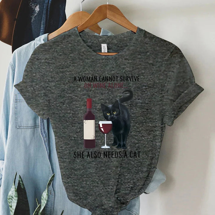 Trend Women Fashion Clothing Cat&wine Graphic T-shirts Clothes Black Cat Print Female Shirt Short Sleeve Lady Casual Tee Tops
