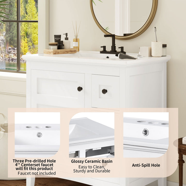 30 Inch Bathroom Vanity with Ceramic Sink, White Bathroom with 3