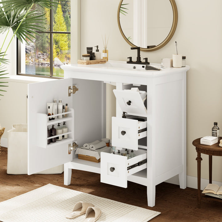 30 Inch Bathroom Vanity with Ceramic Sink, White Bathroom with 3