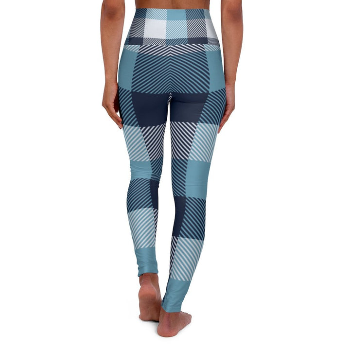 Women's Yoga Pants, Blue And White Plaid Print High Waist Fitness